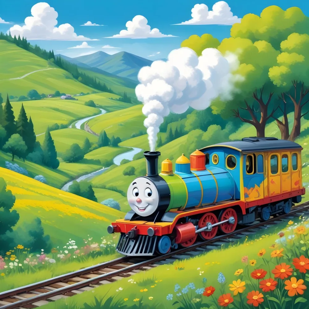 A Colorful Cartoon Train With A Smiling Face Traveling Through A Lush Hilly Landscape With Green Meadows Pine Trees And A Winding Road The Sky Is Blue With Fluffy White Clouds 30 C491