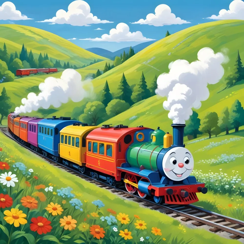 A Colorful Cartoon Train With A Smiling Face Traveling Through A Lush Hilly Landscape With Green Meadows Pine Trees And A Winding Road The Sky Is Blue With Fluffy White Clouds 39 2436