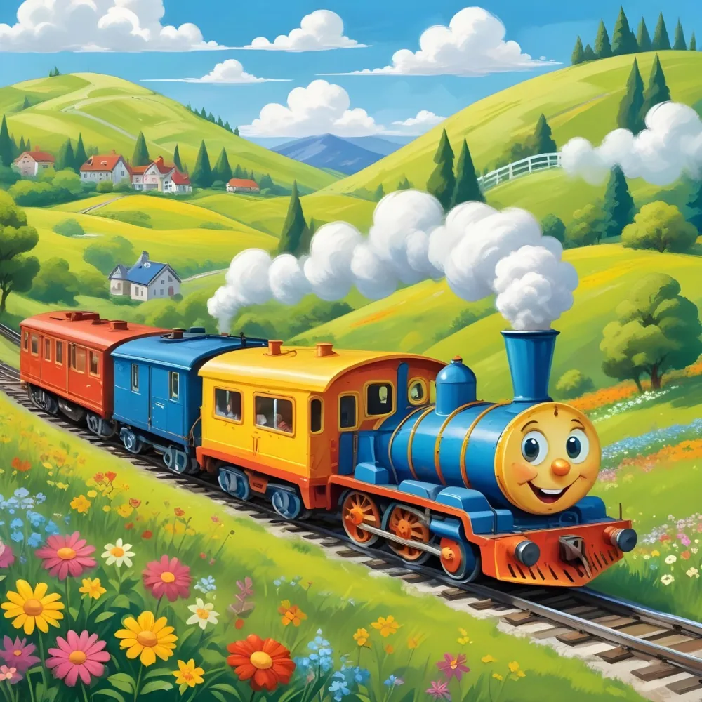 A Colorful Cartoon Train With A Smiling Face Traveling Through A Lush Hilly Landscape With Green Meadows Pine Trees And A Winding Road The Sky Is Blue With Fluffy White Clouds 42 Ca05