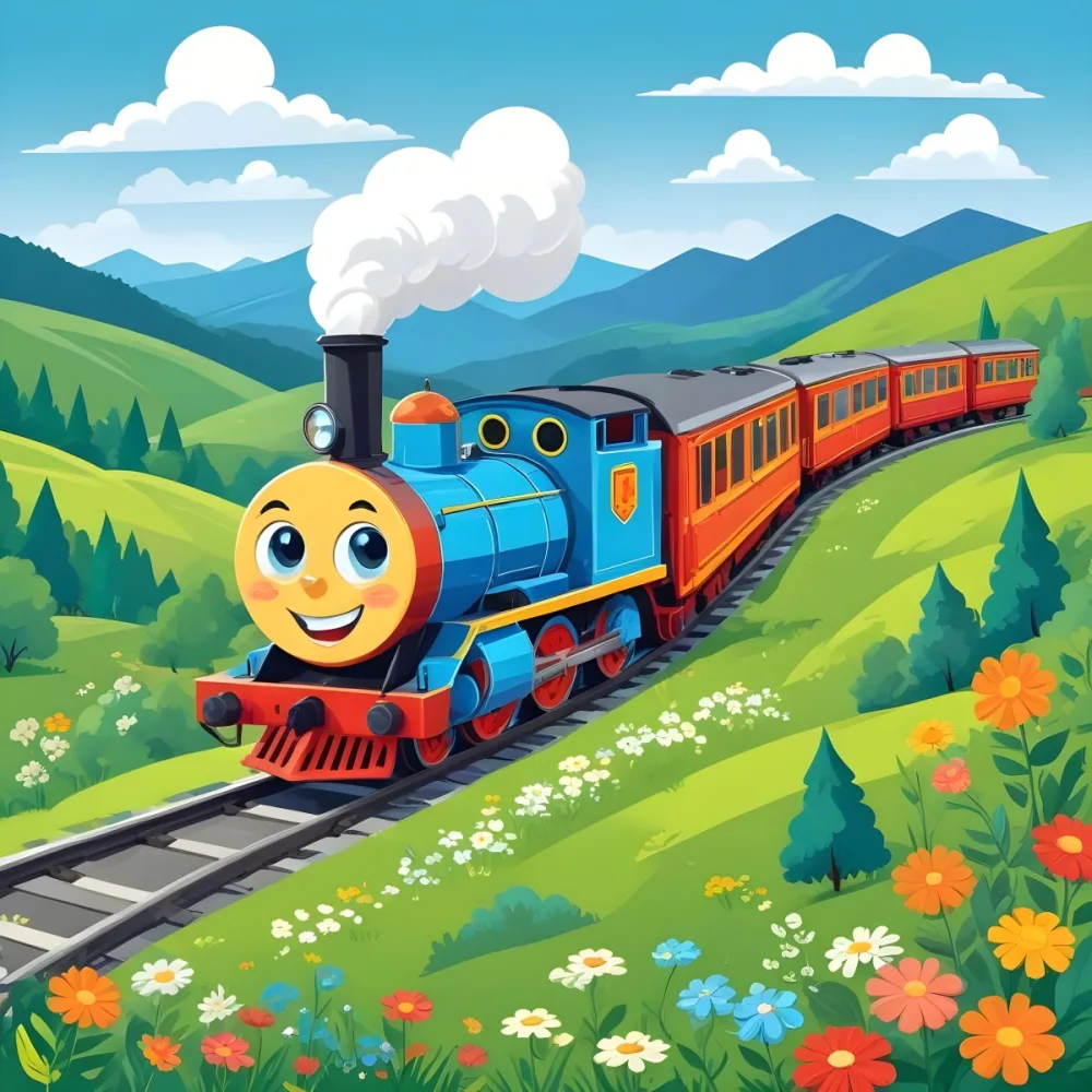 A Colorful Cartoon Train With A Smiling Face Traveling Through A Lush Hilly Landscape With Green Meadows Pine Trees And A Winding Road The Sky Is Blue With Fluffy White Clouds 46 0a8b
