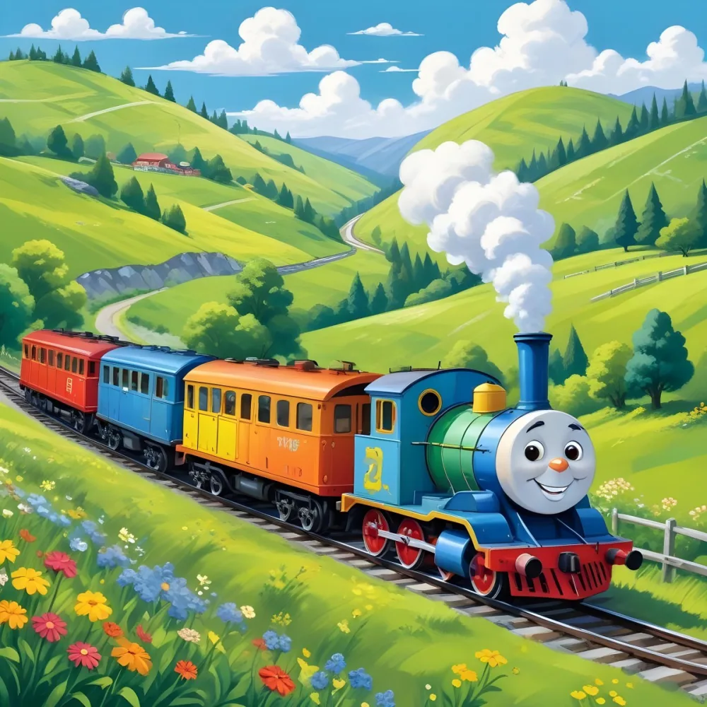 A Colorful Cartoon Train With A Smiling Face Traveling Through A Lush Hilly Landscape With Green Meadows Pine Trees And A Winding Road The Sky Is Blue With Fluffy White Clouds 5 B0fb