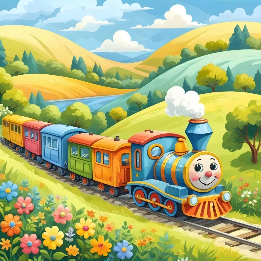 A Colorful Cartoon Train With A Smiling Face Traveling Through A Lush Hilly Landscape With Green Meadows Pine Trees And A Winding Road The Sky Is Blue With Fluffy White Clouds 51 997a