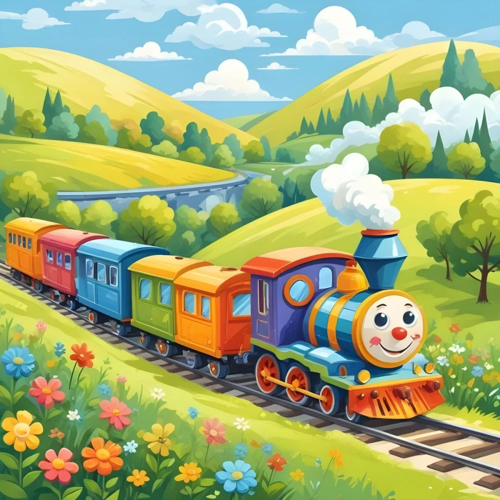 A Colorful Cartoon Train With A Smiling Face Traveling Through A Lush Hilly Landscape With Green Meadows Pine Trees And A Winding Road The Sky Is Blue With Fluffy White Clouds 52 0d54