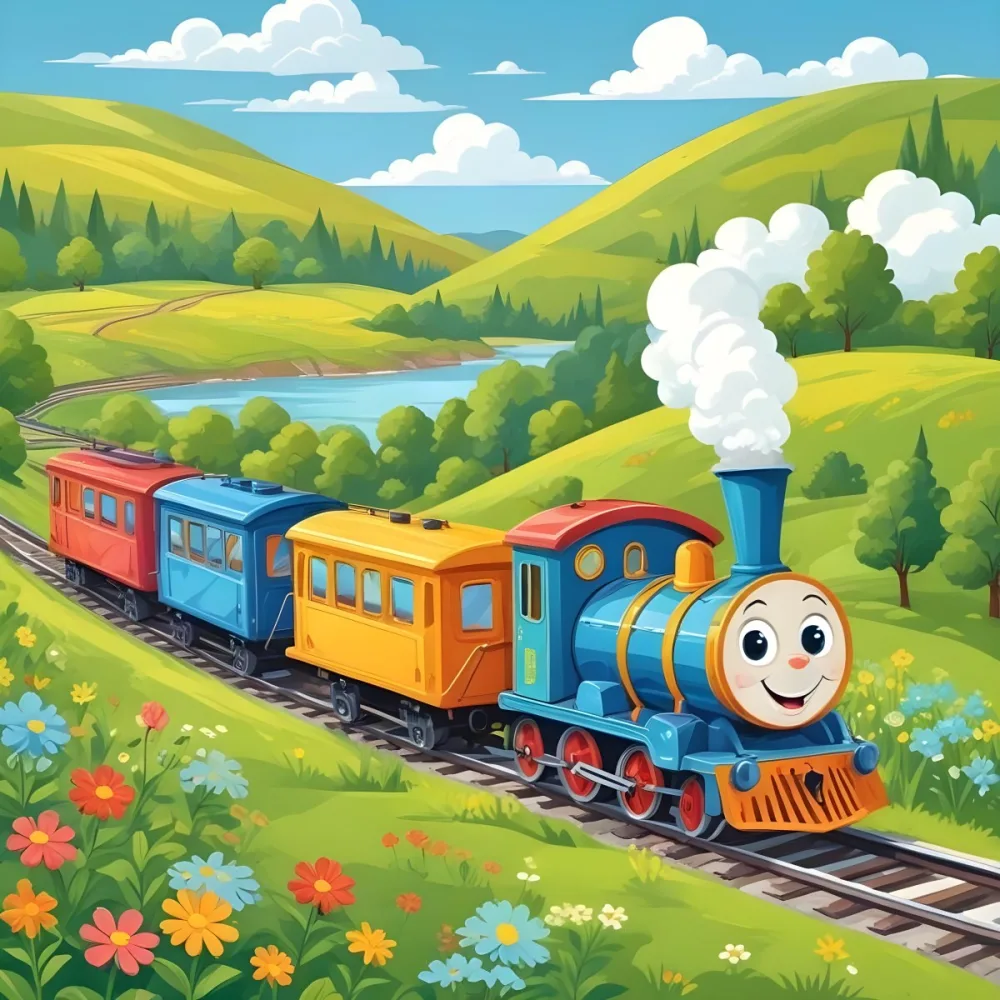 A Colorful Cartoon Train With A Smiling Face Traveling Through A Lush Hilly Landscape With Green Meadows Pine Trees And A Winding Road The Sky Is Blue With Fluffy White Clouds 53 4d9f
