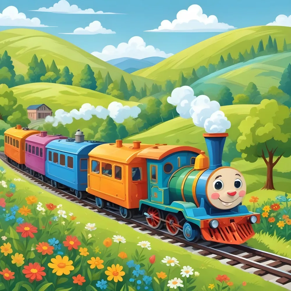 A Colorful Cartoon Train With A Smiling Face Traveling Through A Lush Hilly Landscape With Green Meadows Pine Trees And A Winding Road The Sky Is Blue With Fluffy White Clouds 54 5f6f