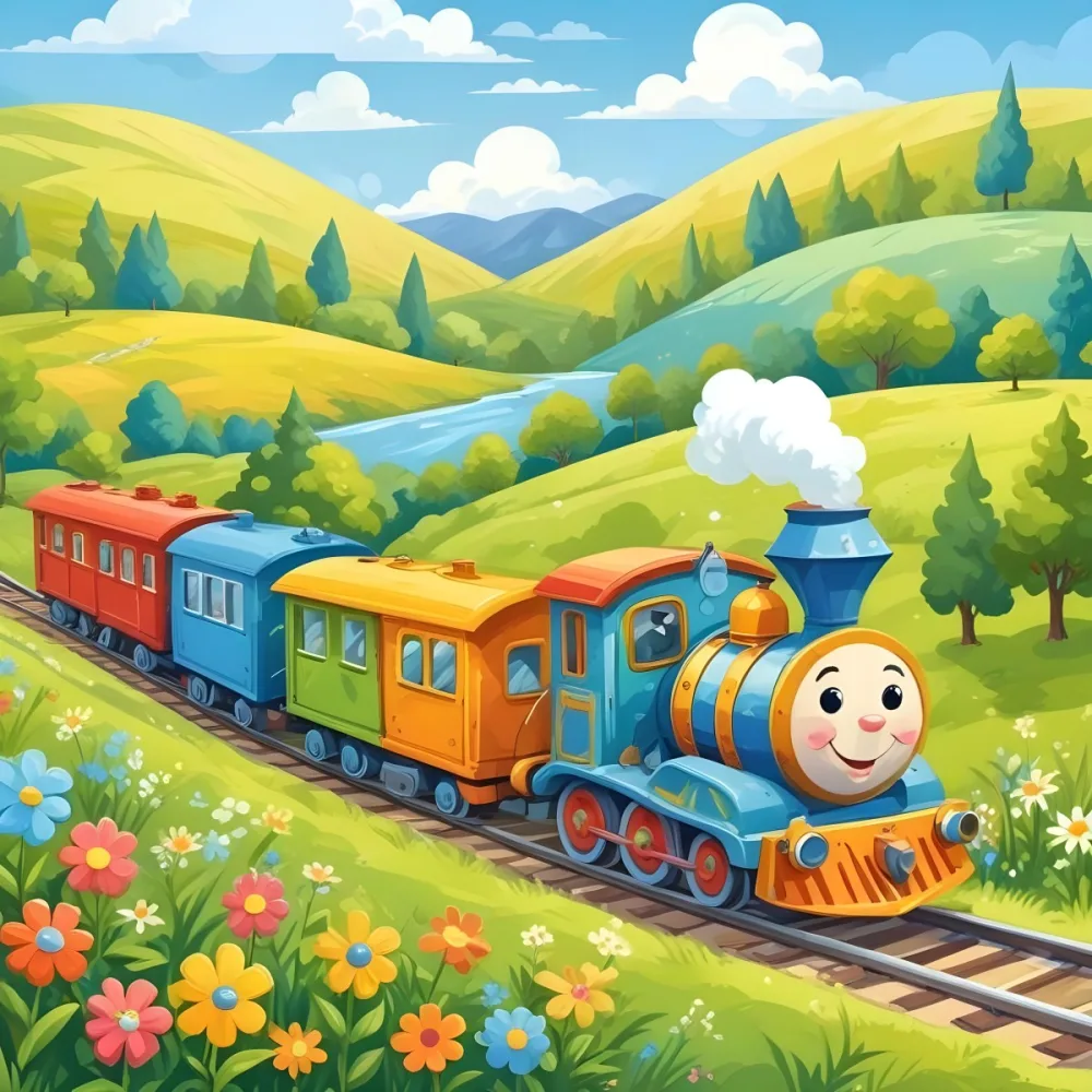 A Colorful Cartoon Train With A Smiling Face Traveling Through A Lush Hilly Landscape With Green Meadows Pine Trees And A Winding Road The Sky Is Blue With Fluffy White Clouds 56 871d