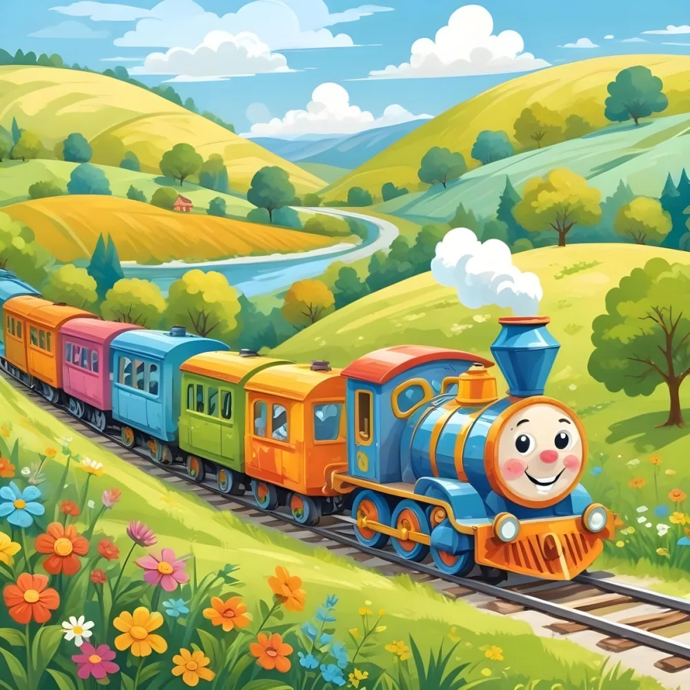 A Colorful Cartoon Train With A Smiling Face Traveling Through A Lush Hilly Landscape With Green Meadows Pine Trees And A Winding Road The Sky Is Blue With Fluffy White Clouds 57 2ffd