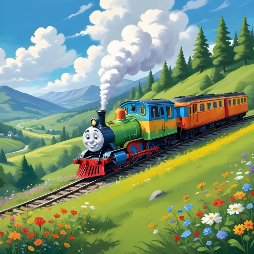 A Colorful Cartoon Train With A Smiling Face Traveling Through A Lush Hilly Landscape With Green Meadows Pine Trees And A Winding Road The Sky Is Blue With Fluffy White Clouds 6 F063