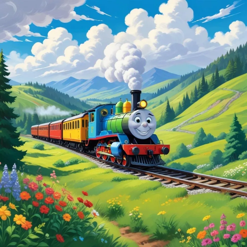 A Colorful Cartoon Train With A Smiling Face Traveling Through A Lush Hilly Landscape With Green Meadows Pine Trees And A Winding Road The Sky Is Blue With Fluffy White Clouds 7 E401