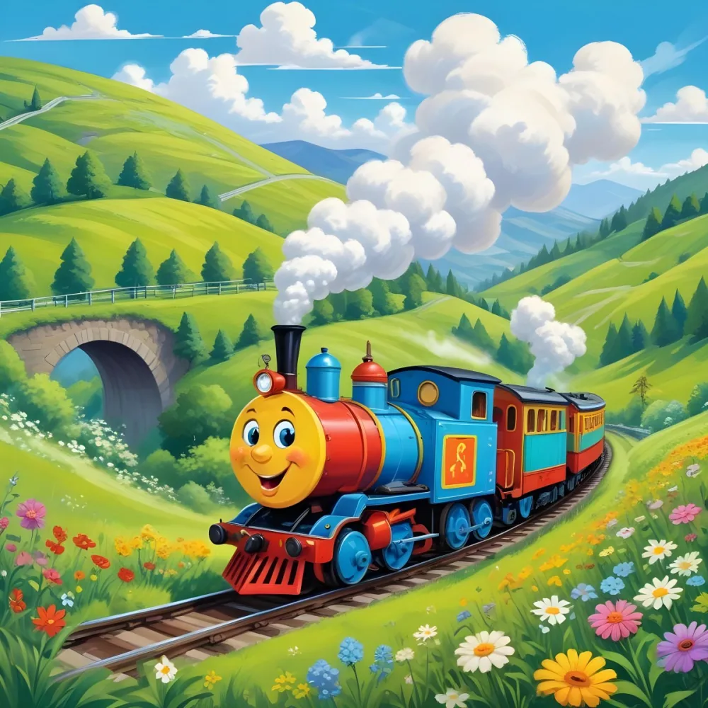 A Colorful Cartoon Train With A Smiling Face Traveling Through A Lush Hilly Landscape With Green Meadows Pine Trees And A Winding Road The Sky Is Blue With Fluffy White Clouds 9 373b