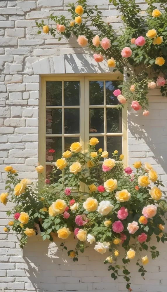 A Colorful Garden With A Variety Of Blooming Flowers In Front Of A Yellow House With A Window The Flowers Include Yellow Roses Or Similar Flowers The Background Has A Brick Wall And Some Greenery 31 33b7