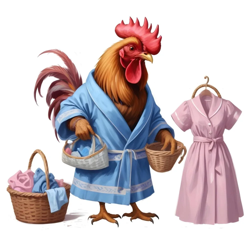 A Colorful Rooster Wearing A Blue Robe And Holding A Basket Of Eggs With A Pink Dress Hanging On A Clothes Hanger In The Background 4 25a3