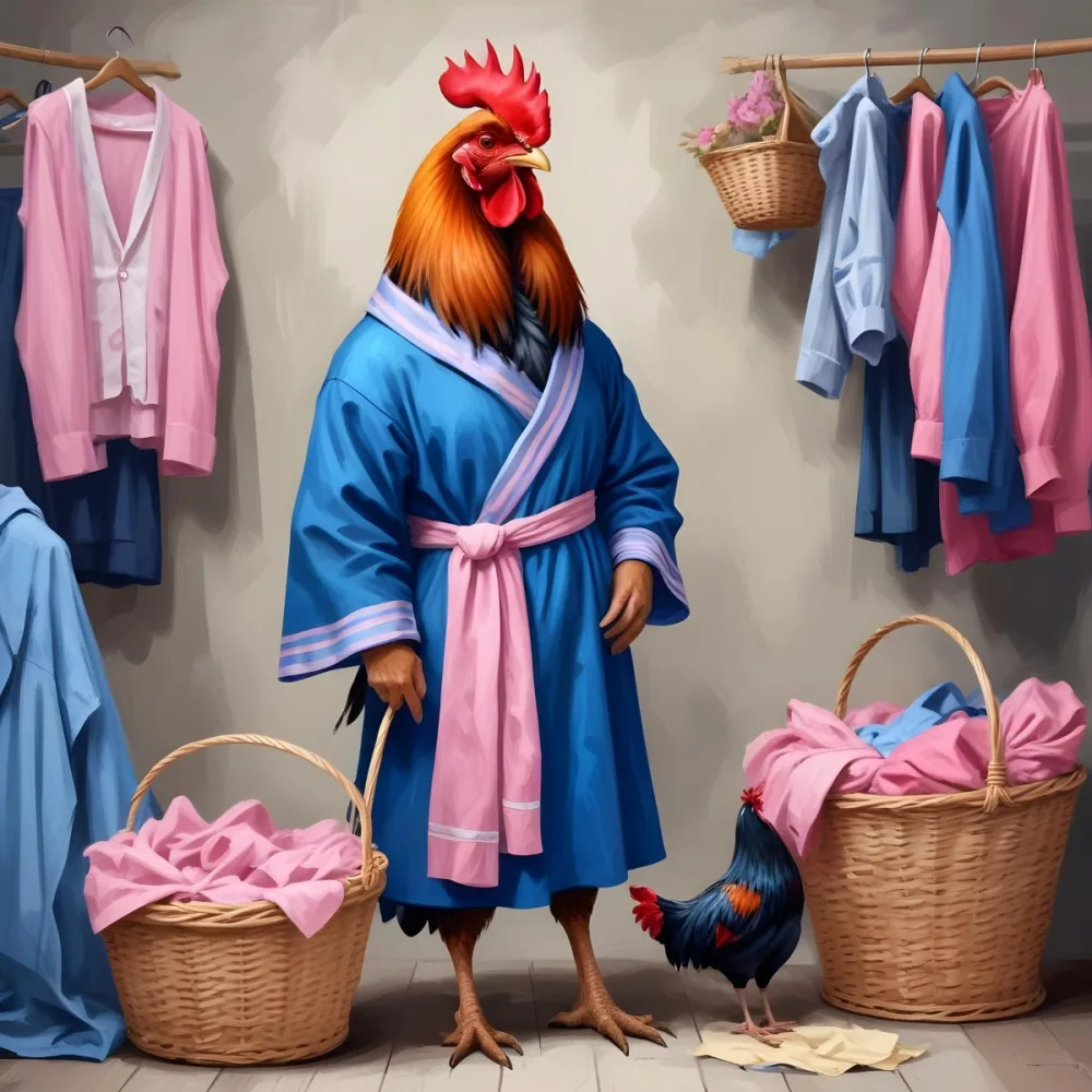 A Colorful Rooster Wearing A Blue Robe And Holding A Basket Of Eggs With A Pink Dress Hanging On A Clothes Hanger In The Background 5 Dd5b