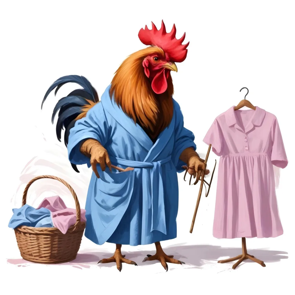 A Colorful Rooster Wearing A Blue Robe And Holding A Basket Of Eggs With A Pink Dress Hanging On A Clothes Hanger In The Background 6 8956