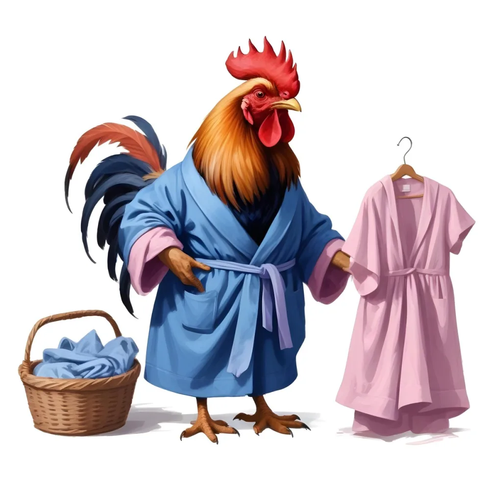 A Colorful Rooster Wearing A Blue Robe And Holding A Basket Of Eggs With A Pink Dress Hanging On A Clothes Hanger In The Background 8 A56c