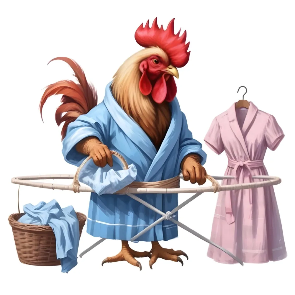 A Colorful Rooster Wearing A Blue Robe And Holding A Basket Of Eggs With A Pink Dress Hanging On A Clothes Hanger In The Background 9 4c4a