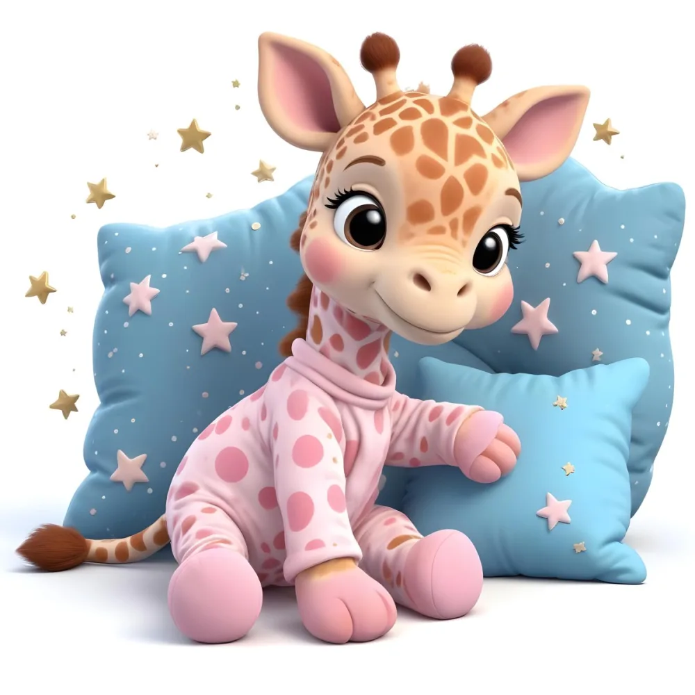 A Cute Baby Giraffe Wearing A Pink Onesie Sitting On A Blue Polka Dot Pillow With Stars In The Background 4 Bb9e