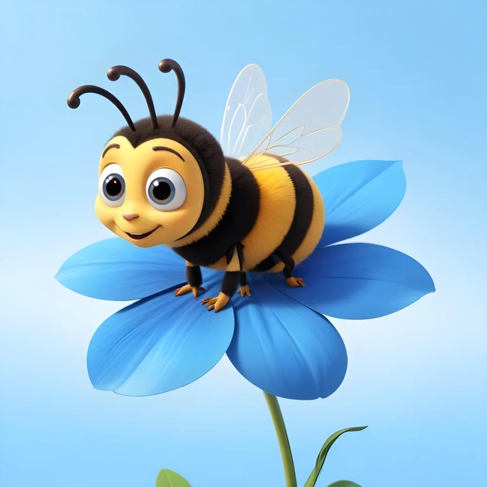 A Cute Cartoon Bee With Large Eyes And A Heart Shaped Antenna Sitting On A Blue Flower Petal Against A Bright Blue Sky Background 10 Dc2c
