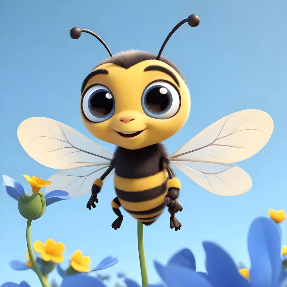 A Cute Cartoon Bee With Large Eyes And A Heart Shaped Antenna Sitting On A Blue Flower Petal Against A Bright Blue Sky Background 12 Bdbf