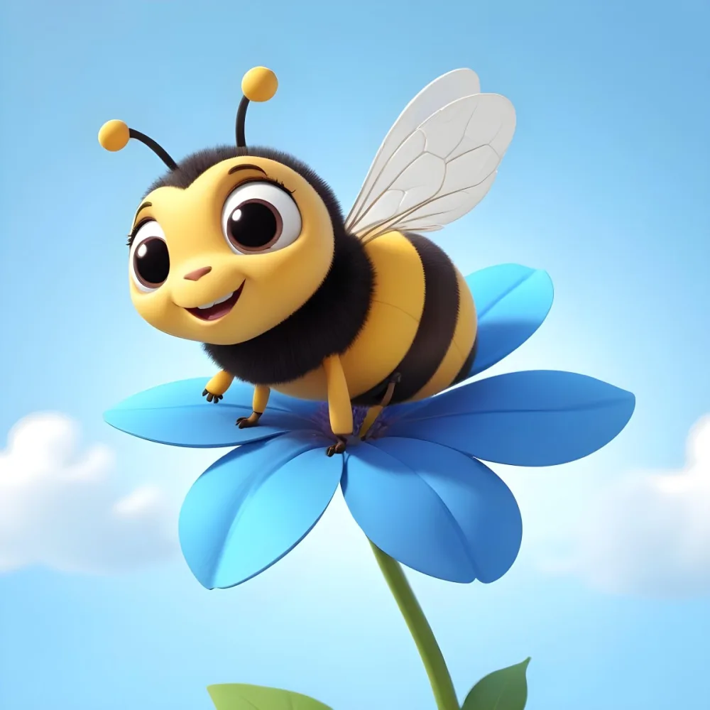 A Cute Cartoon Bee With Large Eyes And A Heart Shaped Antenna Sitting On A Blue Flower Petal Against A Bright Blue Sky Background 16 3f2a