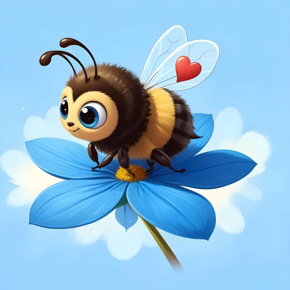 A Cute Cartoon Bee With Large Eyes And A Heart Shaped Antenna Sitting On A Blue Flower Petal Against A Bright Blue Sky Background 2 De89