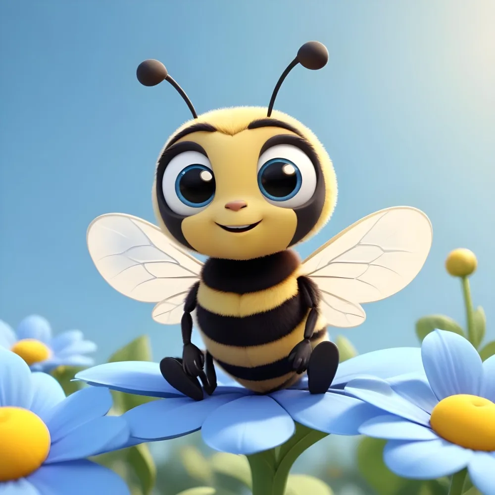 A Cute Cartoon Bee With Large Eyes And A Heart Shaped Antenna Sitting On A Blue Flower Petal Against A Bright Blue Sky Background 45 6a15