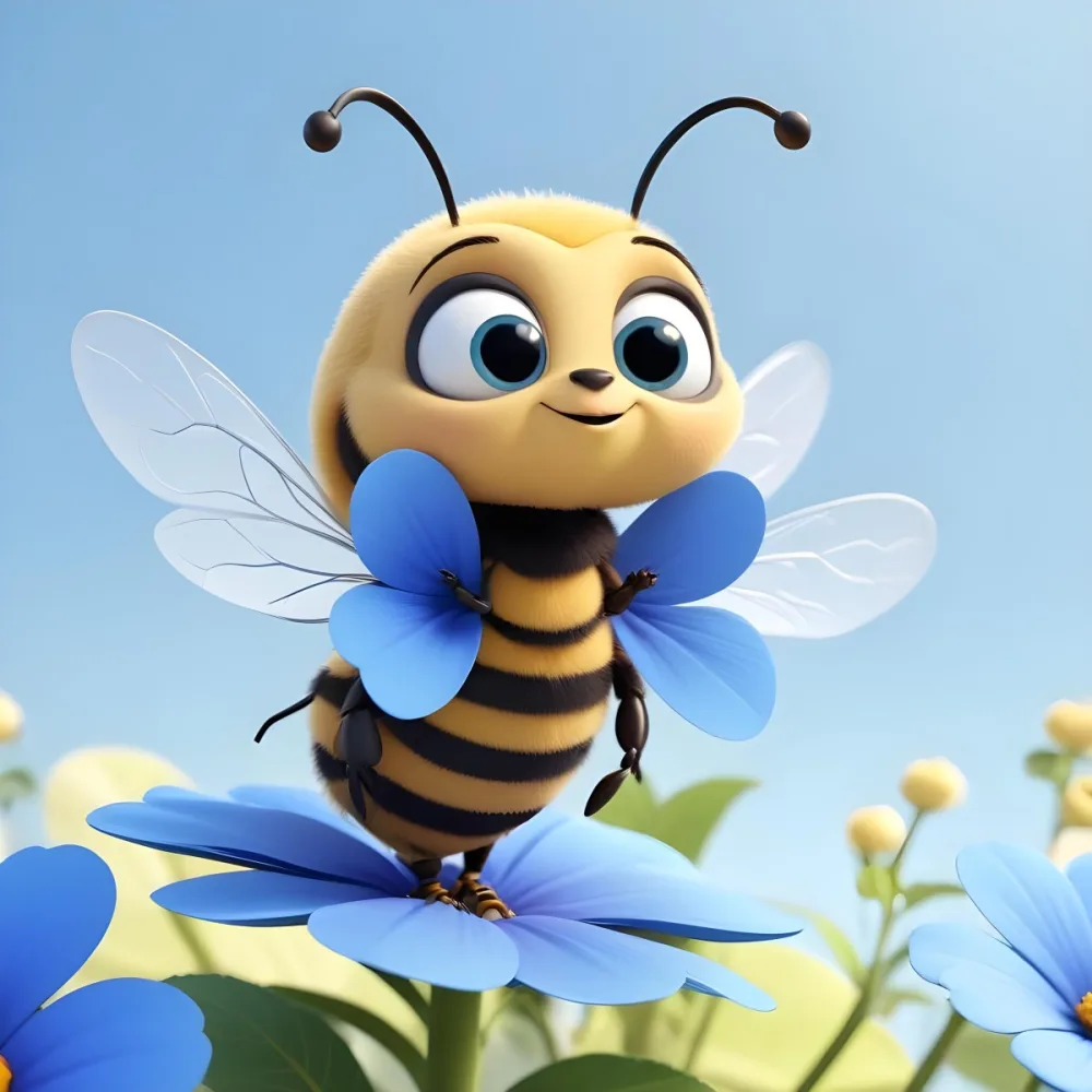 A Cute Cartoon Bee With Large Eyes And A Heart Shaped Antenna Sitting On A Blue Flower Petal Against A Bright Blue Sky Background 50 08cd
