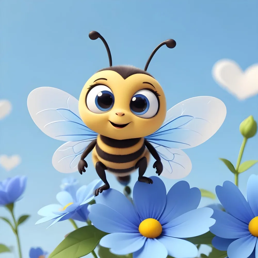 A Cute Cartoon Bee With Large Eyes And A Heart Shaped Antenna Sitting On A Blue Flower Petal Against A Bright Blue Sky Background 54 8325