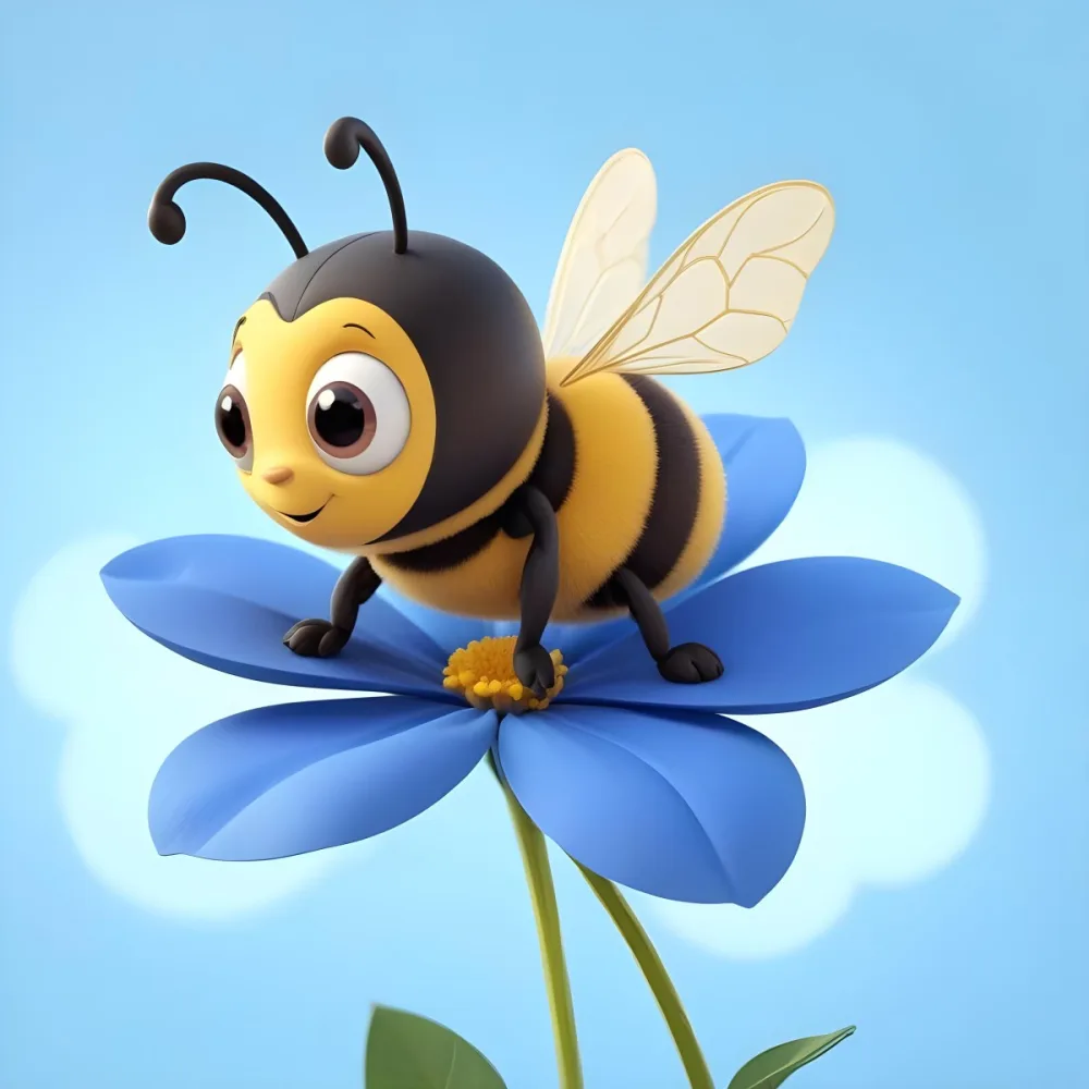 A Cute Cartoon Bee With Large Eyes And A Heart Shaped Antenna Sitting On A Blue Flower Petal Against A Bright Blue Sky Background 80 5811