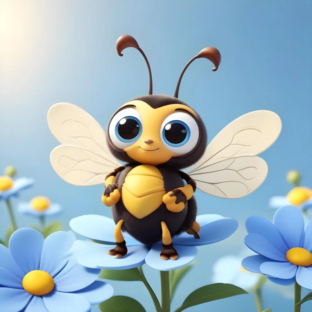 A Cute Cartoon Bee With Large Eyes And A Heart Shaped Antenna Sitting On A Blue Flower Petal Against A Bright Blue Sky Background 86 B3c6