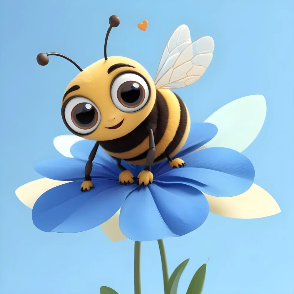 A Cute Cartoon Bee With Large Eyes And A Heart Shaped Antenna Sitting On A Blue Flower Petal Against A Bright Blue Sky Background 87 Feb2