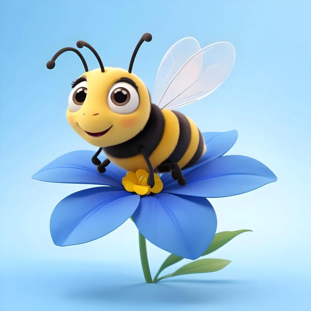 A Cute Cartoon Bee With Large Eyes And A Heart Shaped Antenna Sitting On A Blue Flower Petal Against A Bright Blue Sky Background 88 E955