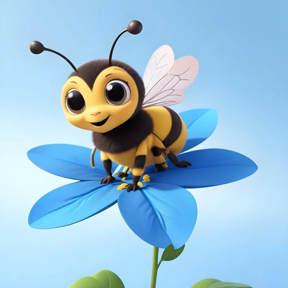 A Cute Cartoon Bee With Large Eyes And A Heart Shaped Antenna Sitting On A Blue Flower Petal Against A Bright Blue Sky Background 89 6078