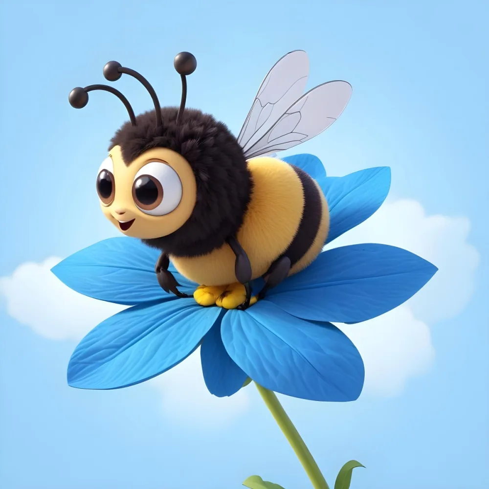 A Cute Cartoon Bee With Large Eyes And A Heart Shaped Antenna Sitting On A Blue Flower Petal Against A Bright Blue Sky Background 90 60e2