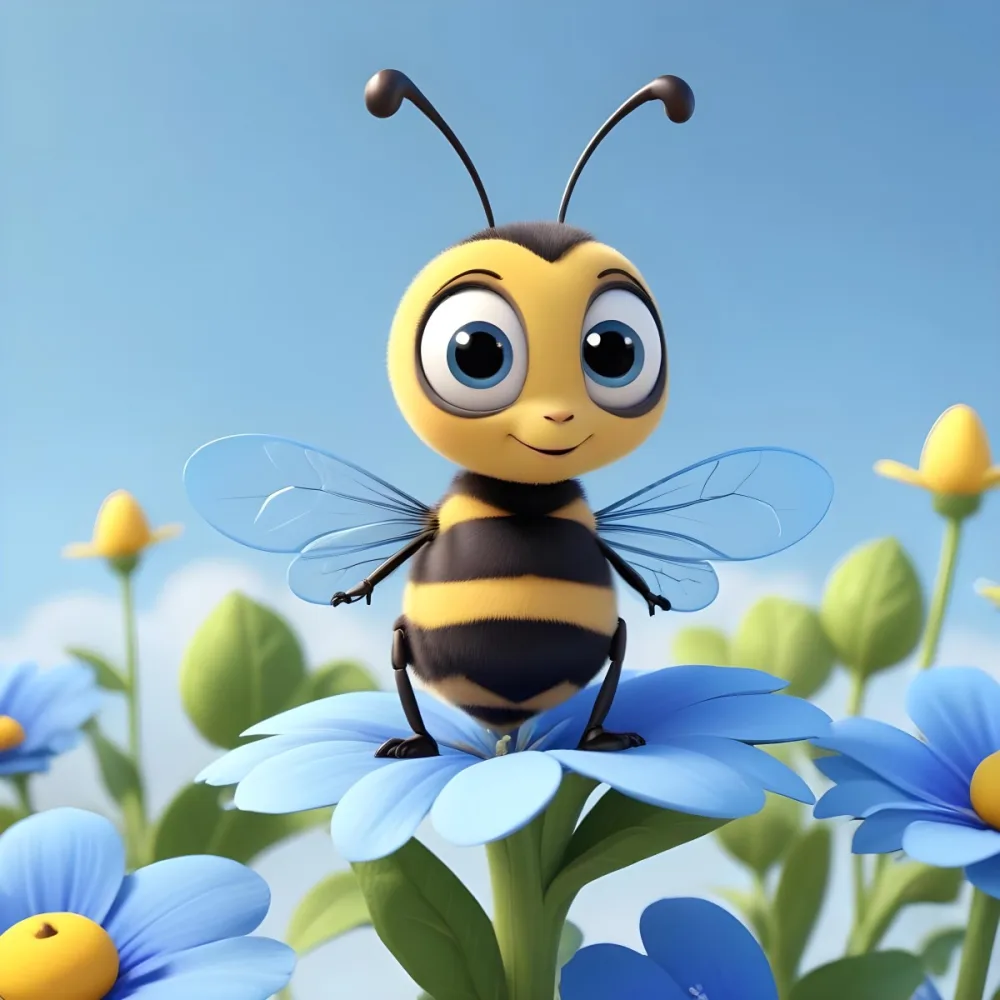 A Cute Cartoon Bee With Large Eyes And A Heart Shaped Antenna Sitting On A Blue Flower Petal Against A Bright Blue Sky Background 92 8af3