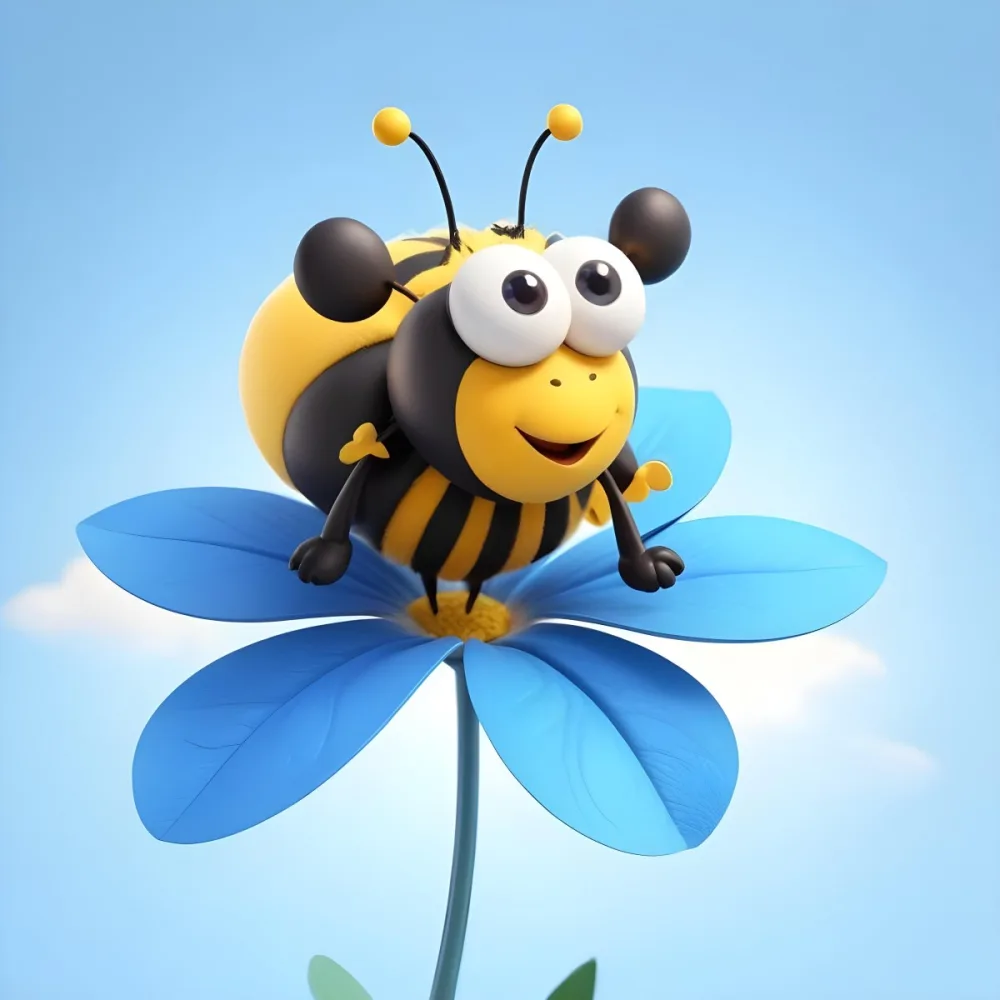 A Cute Cartoon Bee With Large Eyes And A Heart Shaped Antenna Sitting On A Blue Flower Petal Against A Bright Blue Sky Background 94 41f7