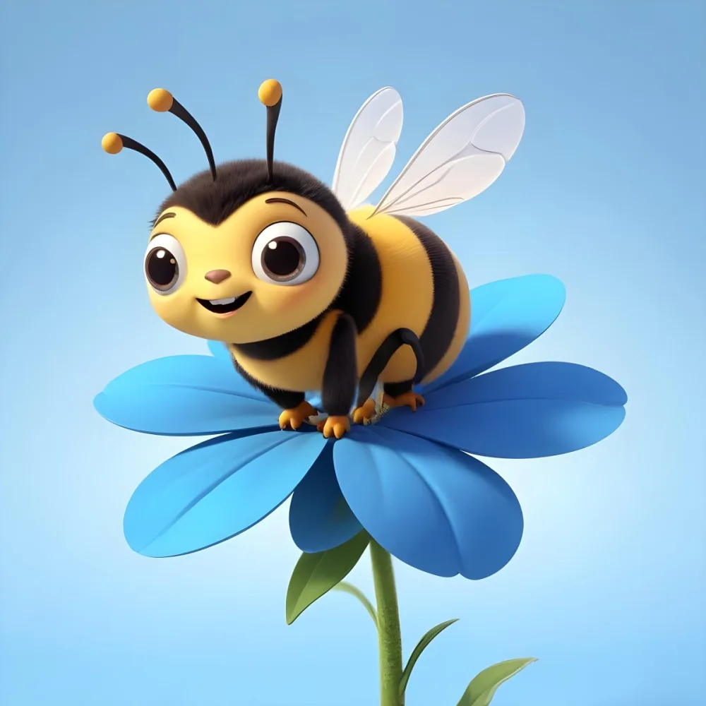 A Cute Cartoon Bee With Large Eyes And A Heart Shaped Antenna Sitting On A Blue Flower Petal Against A Bright Blue Sky Background 95 4956