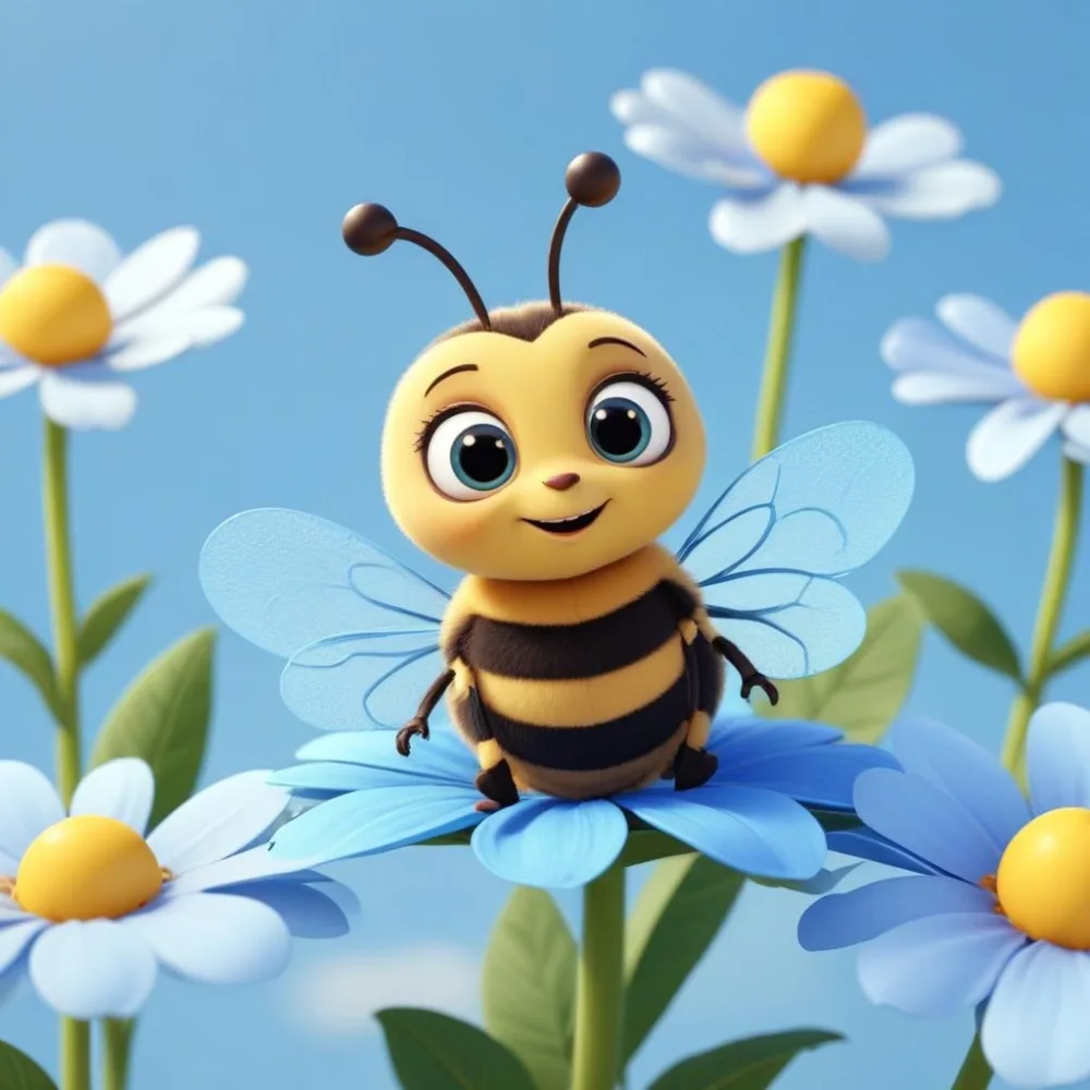 A Cute Cartoon Bee With Large Eyes And A Heart Shaped Antenna Sitting On A Blue Flower Petal Against A Bright Blue Sky Background 97 5d58