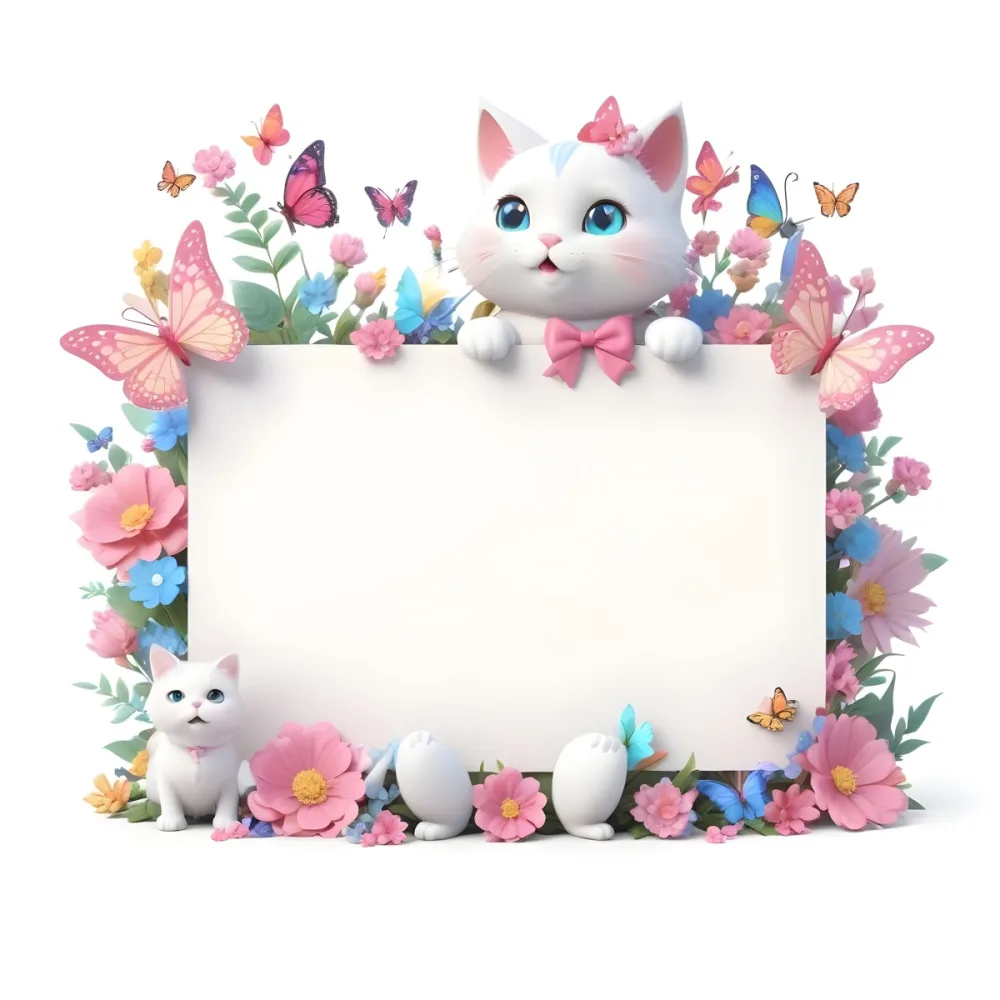 A Cute White Cat With A Pink Bow Holding A Blank Sign Surrounded By Colorful Butterflies Flowers And Pastel Decorations 96 C620