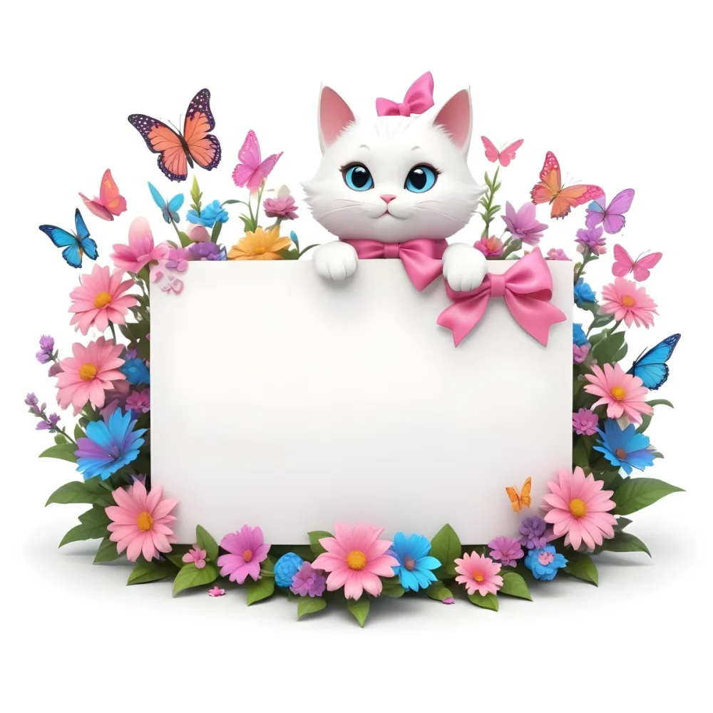 A Cute White Cat With A Pink Bow Holding A Blank Sign Surrounded By Colorful Butterflies Flowers And Pastel Decorations 97 539a