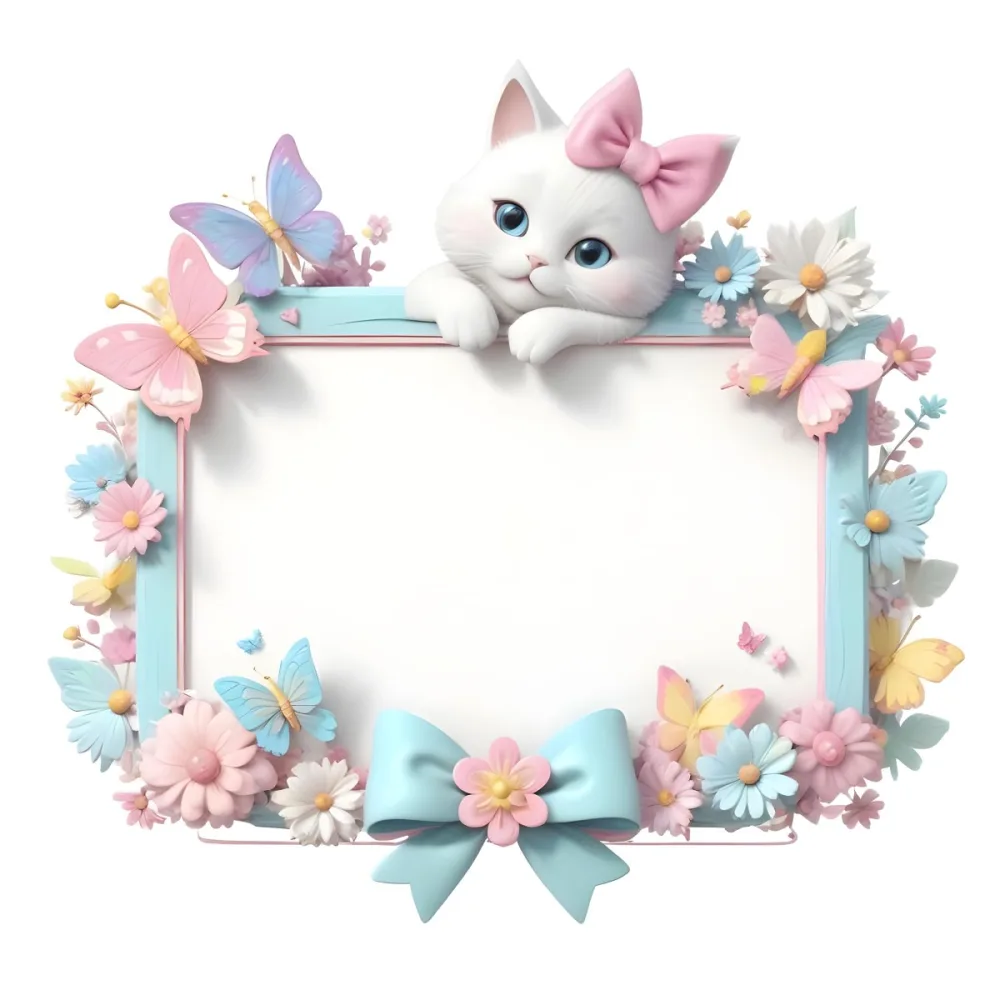 A Cute White Cat With A Pink Bow Holding A Blank Sign Surrounded By Colorful Butterflies Flowers And Pastel Decorations 98 74d1