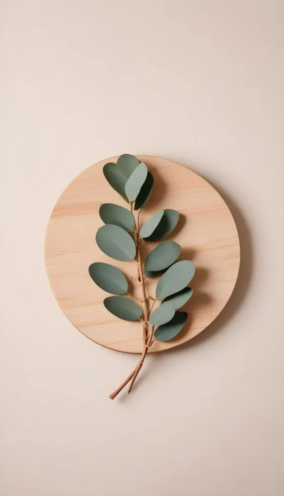 A Eucalyptus Branch On A Wooden Coaster Minimalist Style Light Beige Background Natural Lighting Clean And Simple Composition Natural Elements Neutral Color Palette 1 52a4
