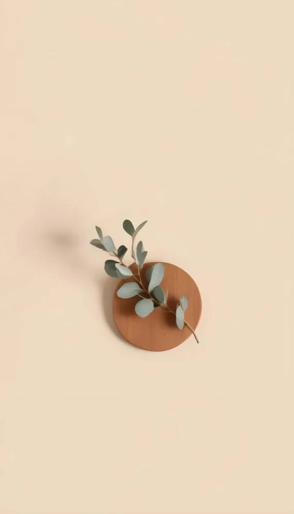 A Eucalyptus Branch On A Wooden Coaster Minimalist Style Light Beige Background Natural Lighting Clean And Simple Composition Natural Elements Neutral Color Palette 12 Fa1e