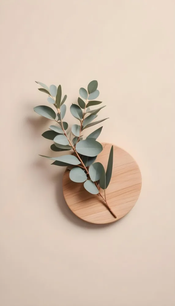 A Eucalyptus Branch On A Wooden Coaster Minimalist Style Light Beige Background Natural Lighting Clean And Simple Composition Natural Elements Neutral Color Palette 19 451c