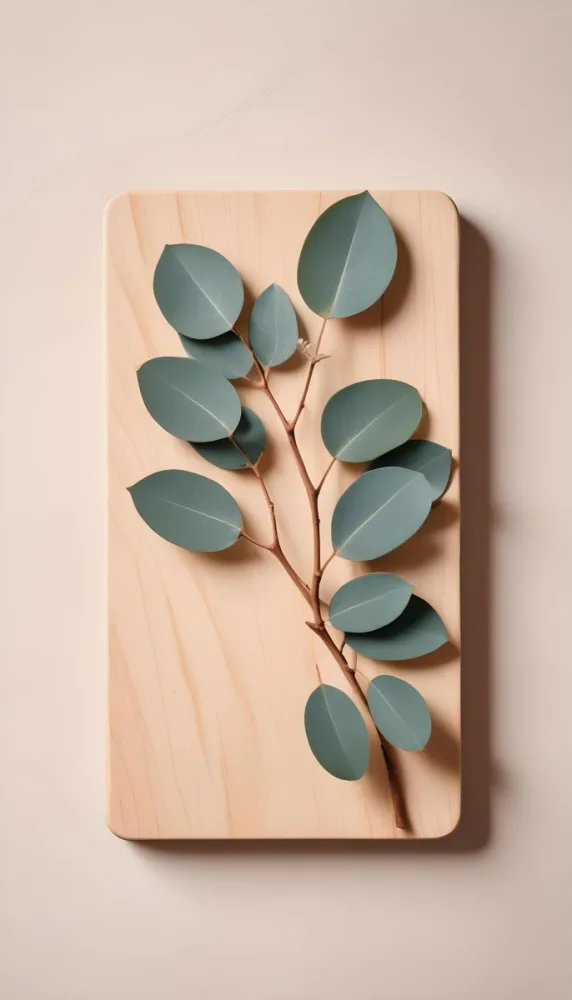 A Eucalyptus Branch On A Wooden Coaster Minimalist Style Light Beige Background Natural Lighting Clean And Simple Composition Natural Elements Neutral Color Palette 23 5b5c