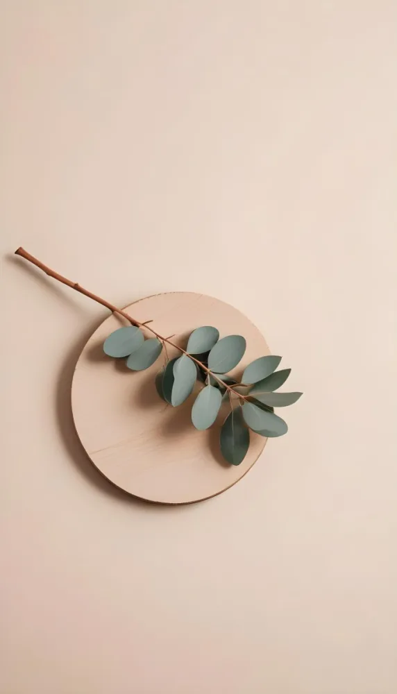 A Eucalyptus Branch On A Wooden Coaster Minimalist Style Light Beige Background Natural Lighting Clean And Simple Composition Natural Elements Neutral Color Palette 24 171c