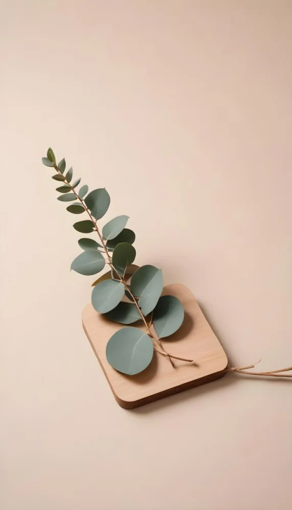 A Eucalyptus Branch On A Wooden Coaster Minimalist Style Light Beige Background Natural Lighting Clean And Simple Composition Natural Elements Neutral Color Palette 26 Be73