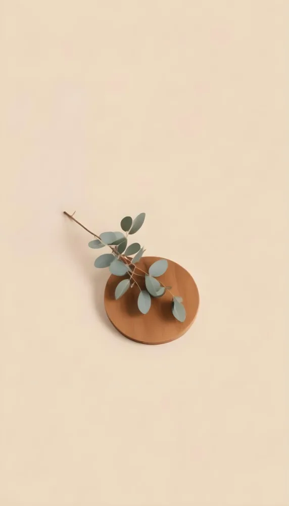 A Eucalyptus Branch On A Wooden Coaster Minimalist Style Light Beige Background Natural Lighting Clean And Simple Composition Natural Elements Neutral Color Palette 5 3fbe