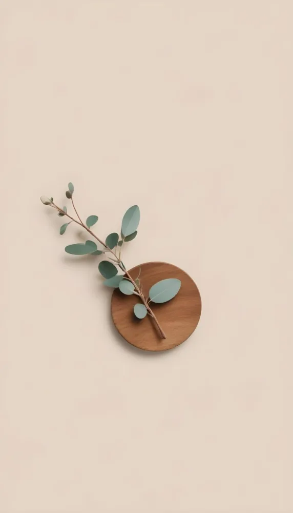 A Eucalyptus Branch On A Wooden Coaster Minimalist Style Light Beige Background Natural Lighting Clean And Simple Composition Natural Elements Neutral Color Palette 6 2eb4