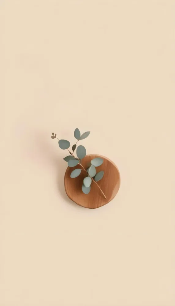 A Eucalyptus Branch On A Wooden Coaster Minimalist Style Light Beige Background Natural Lighting Clean And Simple Composition Natural Elements Neutral Color Palette 7 F706